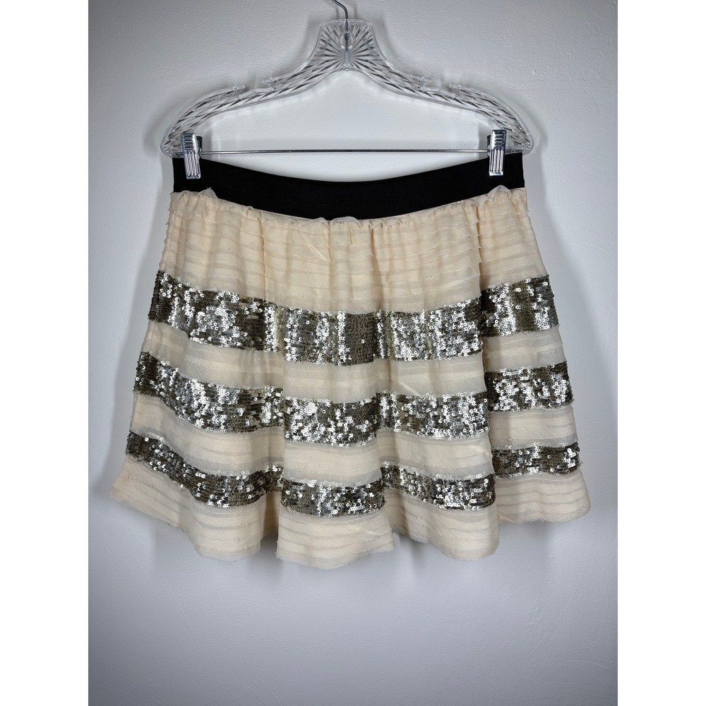 Free People Mini Skirt Medium Cream Metallic Sequin Boho Glam Party Stretchy